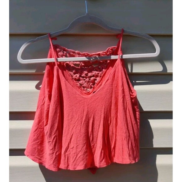 Monteau Womens Cropped Tank Spaghetti Strap Top Lace Detail Coral Medium M Top - Picture 4 of 10